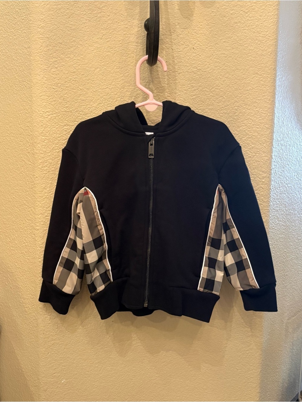Auth BURBERRY Kids Black Graham Zipped Hoodie Jacket Size 4Y-Unisex
